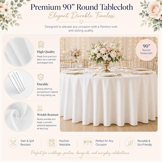 10 Pack 90 Inch White Round Tablecloth, Polyester Fabric Washable Table Cloth for Home, Party, Wedding or Restaurant Use.