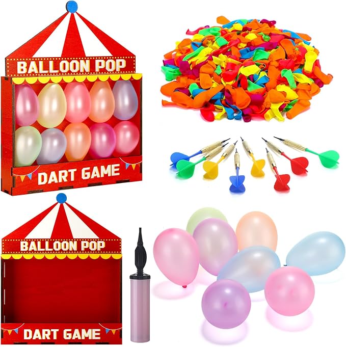 Seenelling Balloon Dart Carnival Game Set Carnival Themed Wooden Box with 500 Balloon 8 Colorful Darts Adhesive Dots for Booth Game Birthday Party Backyard Lawn Event 16.5'' x 12.5'' x 4.5''