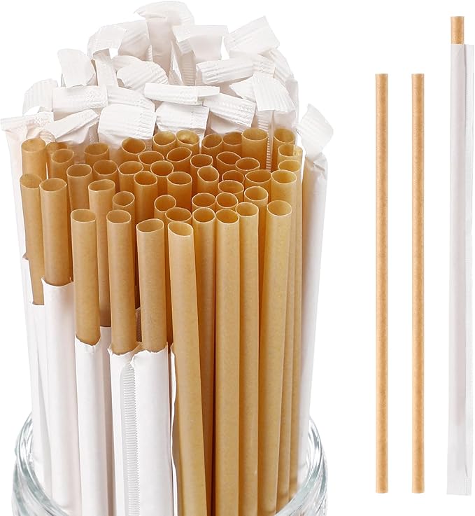 Potchen 500 Pcs Individually Wrapped Sugarcane Straws 8" Biodegradable Plastic Compostable Disposable Drinking Straws for Smoothie Drinks Parties Restaurants Home