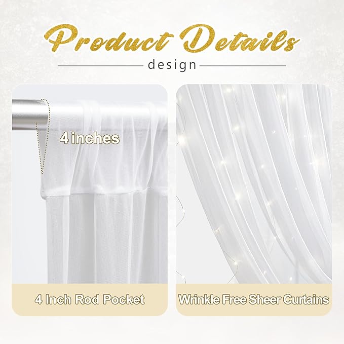 10x10ft White Tulle Backdrop Curtain with Lights String for Parites, Sheer Photo Backdrop Drapes with Lights for Wedding Ceremony Reception Baby Shower Bridal Shower Birthday Party Decorations
