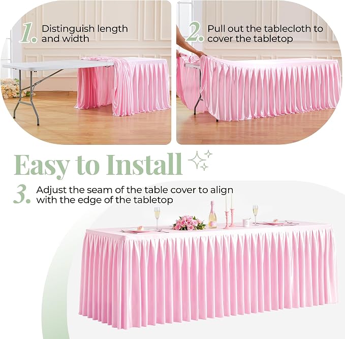 Pink Satin Tablecloths Rectangle 6FT, Glitter Spandex Fitted Stretch Table Covers Wrinkle-Free Floor Length Shimmer Table Skirt for Weddings Parties Baby Shower Banquets Vendor Events