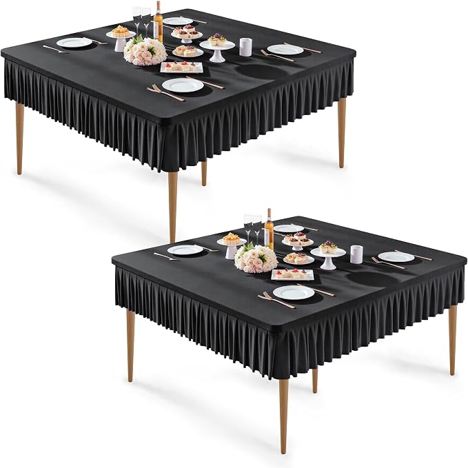 Wish Care 2 Pack Black Spandex Tablecloths for 54x54 Inch Square Tables, Stretch Fitted Table Clothes with Pleated Ruffle Skirt for 54” Table, Wrinkle Free and Elastic, for Party Kitchen Home Dining