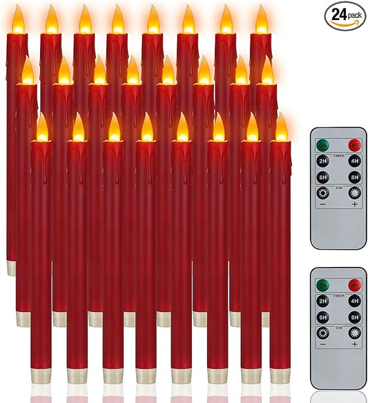 wemarry 24 Pcs Flameless Taper Candles with Remote, 10" Burgundy Battery Operated Led Candlesticks with Flickering 3D Flame, Fake Taper Candles for Christmas Thanksgiving Wedding Home Décor