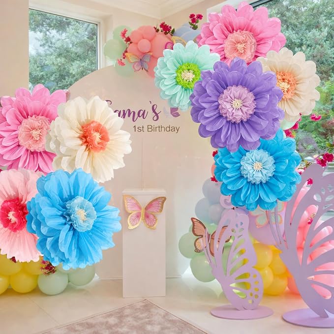 Giegxin 6 Pcs 31.5" 24" Giant Colorful Paper Flower Wonderland Fancy Tissue Flowers for Wall Decoration Pink Blue Purple Large Mexican Crepe Flower for Fiesta Wedding Birthday Classroom Bridal Shower