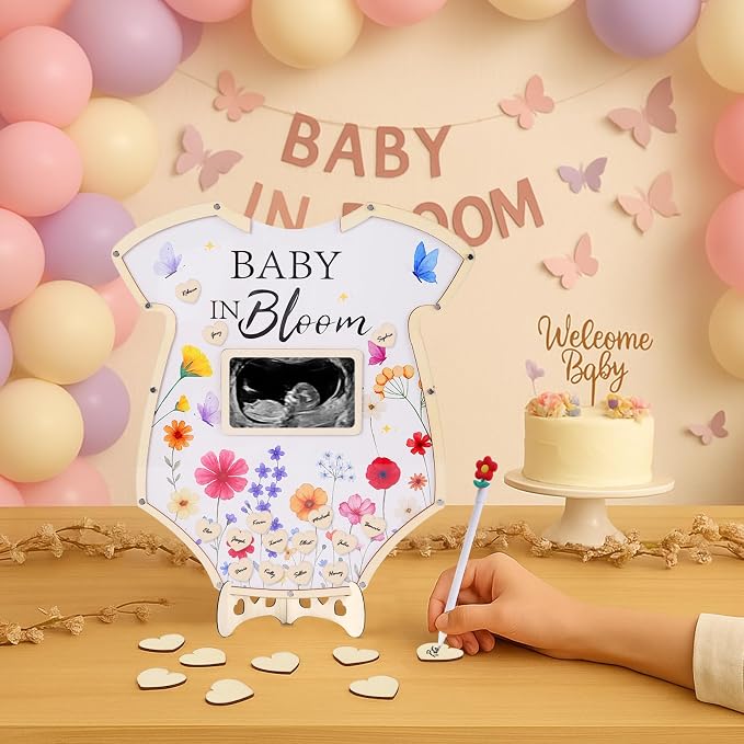 Baby in Bloom Baby Shower Decorations,Wildflower Baby Shower Guest Book Alternatives with Butterfly Pen,Photo Frame and 60 Heart Wood Slices for 60 Guests,Gender Reveal Decorations
