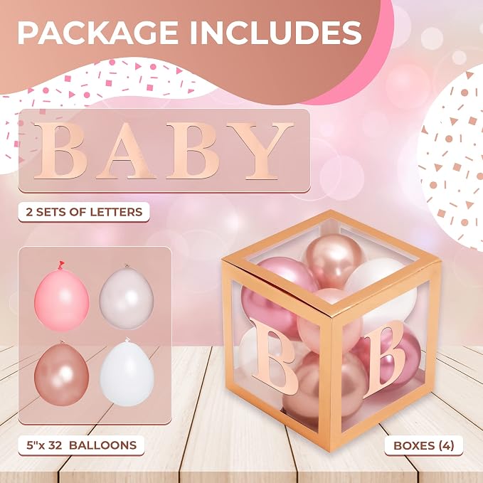 44-Piece Baby Shower Decorations for Boy or Girl - 4 Boxes with Letters and 32 Balloons - Elegant Rose Gold - Gender Reveal Party Supplies - Photo Shoot Backdrop and Nursery Décor