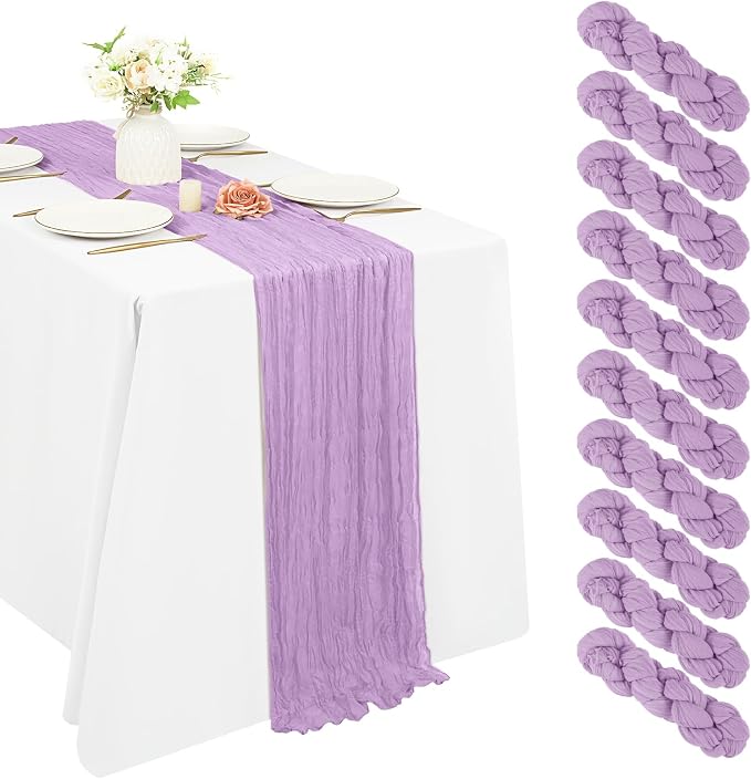 10 Pack Cheesecloth Table Runner 17 x 108 inch Long Boho Gauze Table Runners Semi Sheer Table Runner for Wedding Decor, Baby Shower, Birthday Party, Banquet (Lavender)