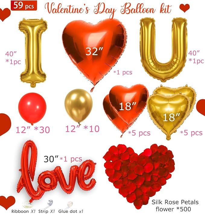 I Love You Balloons for Him/Her Balloons Red gold romantic balloon kit with Red heart LOVE mylar balloons Red rose petals for hotel Decorations Valentines Party wedding anniversary supplies