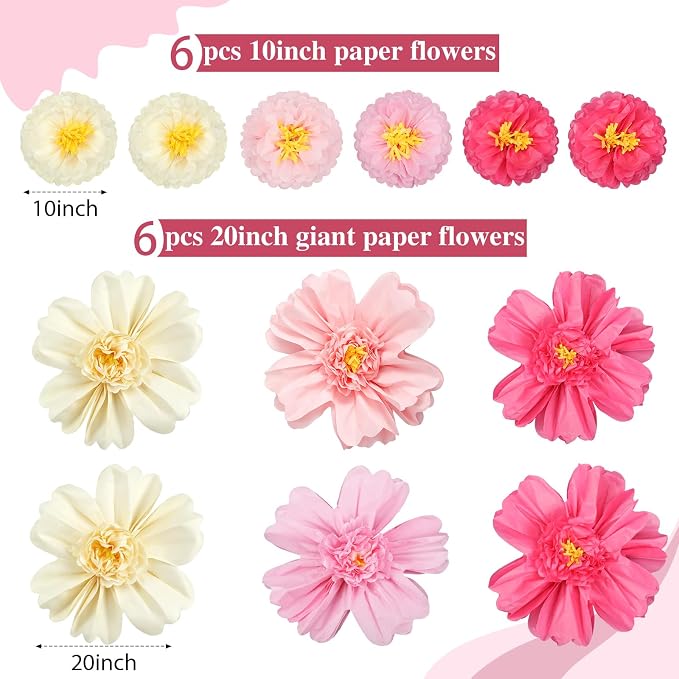 Crowye 12 Pcs Large Colorful Tissue Paper Flowers Decorations Giant Fiesta Craft Crepe Paper Flowers for Wall Decor Backdrop Mexican Wedding Birthday Carnival Party (10'' 20'',Pink Color)