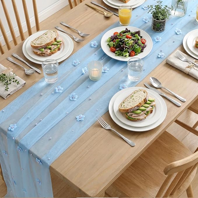 Artoid Mode Blue Flower Pearl Blue Gauze Table Runner 10FT 6PC, Seasonal Sheer Dining Holiday Wedding Birthday Baby Shower Table Decor for Home Party