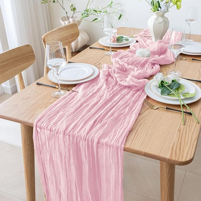 12PCS Table Runner Cheesecloth 10FT Blushing Pink Boho Gauze Cheese Cloth Rustic Sheer Table Runners for Wedding Bridal Baby Shower Party Decoration