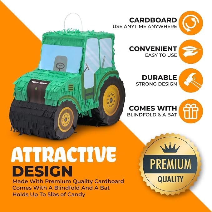 Tractor Pinata Bundle with a Blindfold and Bat(15.8 x 6.7 x 12 Inches), Kids Excavator Pinata for Construction Birthday Parties, Boys Birthday Party Supplies