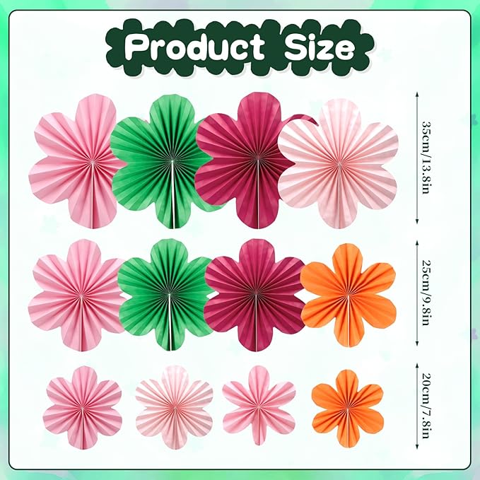 BestoFun 12 PCS Paper Flowers Fans Red Green and Pink Party Decorations Paper Flowers Decorations for Wall Girl Groovy Birthday Baby Shower Wedding Bachelorette Room Hanging Décor