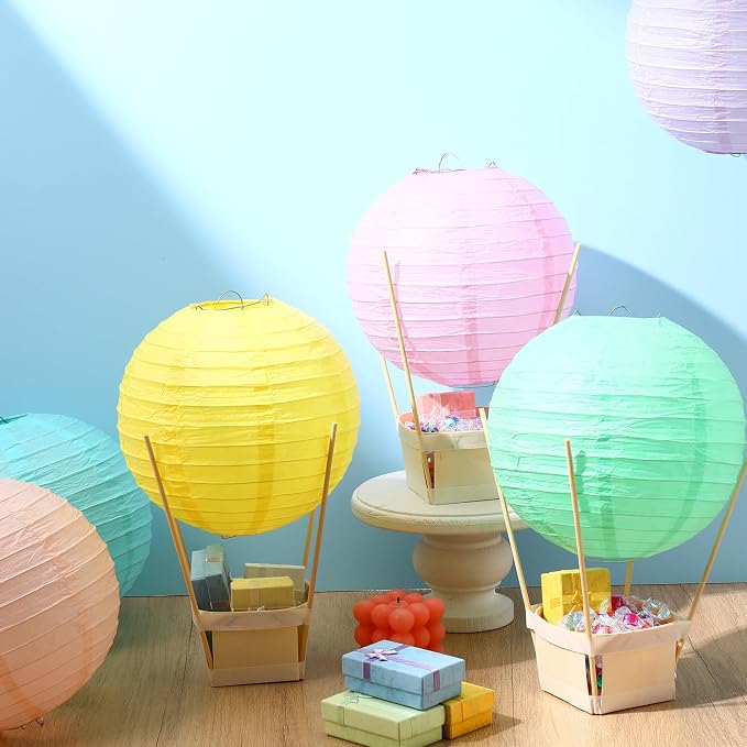 Namalu 24 Set Hot Air Balloon Table Centerpieces Baby Shower Party Decoration Paper Lanterns with Wooden Basket Sticks for Summer Birthday School DIY Craft(Macaron)