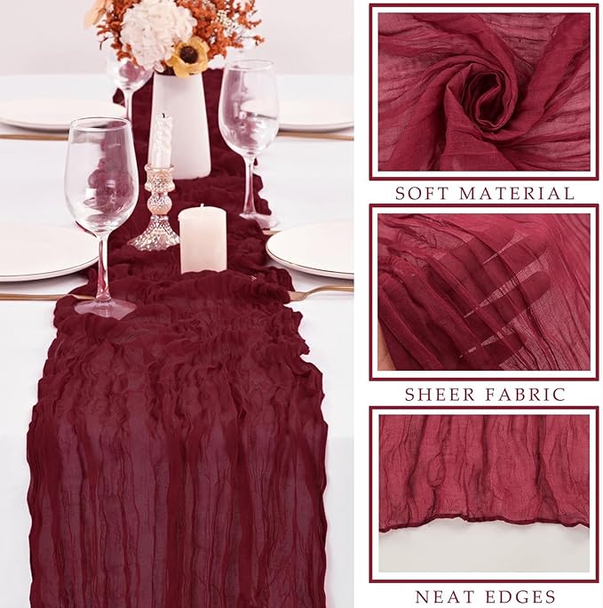 10FT 6 Pcs Burgundy Cheesecloth Table Runner Gauze Fabric Boho Cheese Cloth Table Runner Rustic Semi Sheer Runner for Wedding Holiday Bridal Shower Birthday Party Table Decor (35 x 120 Inches Long)