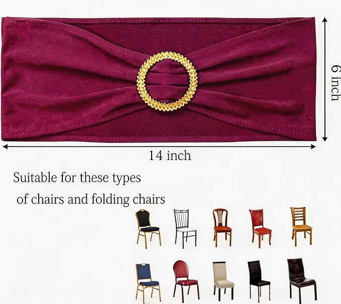 Pack of 50 Spandex Dark Burgundy Chair Sashes with Gold Buckles, Stretch Chair Bands Bows for Wedding Party Baby Shower Decor