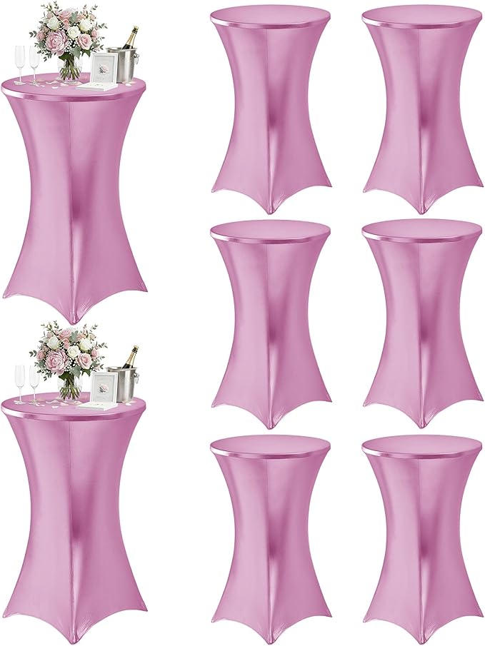 Cocktail High Top Table Covers - 32x43 Inch Fitted Spandex Round Cocktail Tablecloth for Bar Height Standing Table Cloths Reusable, for Party Wedding Banquet Event Decorations, Shiny Pink, 8 Pack