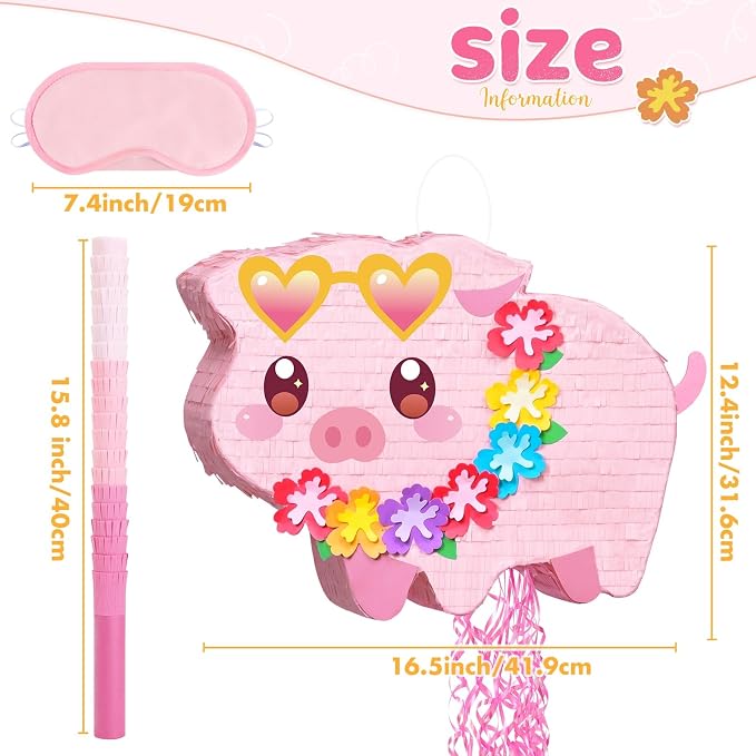 WERNNSAI Pig Piñata - Farm Party Decorations Hawaiian Pig Piñata with Blindfold and Stick for Summer Birthday Decorations Summer Tropical Birthday Party Luau Carnival Supplies