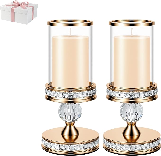 10" Tall Hurricane Candle Holder, Pillar Candle Holders with Glass Sleeve with Gift Box, Crystal Candle Stands for Home Warming, Weddiing, Dining Room Decor, Table Centerpiece (2, Gold, S)