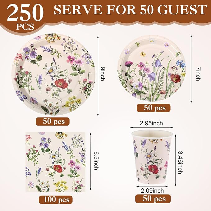 Ziliny 250 Pcs Wildflower Party Decorations Include Spring Summer Floral Paper Plates Napkins and Cups for Wildflower Baby Shower Tea Decorations, Serve 50 Guest(Multicolor,Rustic Style)