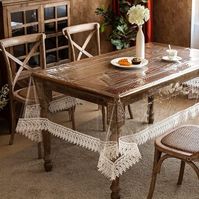 ARTABLE Vinyl PVC Rectangle Tablecloth Waterproof Clear Table Cover with Champagne Lace Macrame Border for Wedding Kitchen Home Outdoor Indoor Holidays Party Decor (Off White, 60 x 104 Inch)