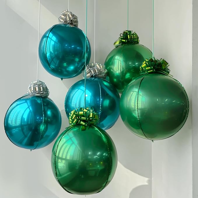 6 Pack Teal Blue & Grass Green 4D Metallic Orb Ornament Balloons with 12 Pull Gift Ribbon Bows – Ceiling Hanging Balloon Set for Jungle Party, Safari Birthday, Summer Party & Tropical Decorations