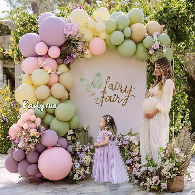 Purple Green Pink Balloon Arch Double Stuffed Dusty Green Lavender Light Yellow Sand Latex Pastel Lilac Balloon Garland Kit for Baby Shower Wedding Birthday Easter Floral in Bloom Party Decoration