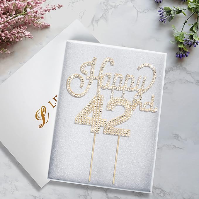 LINGTEER Happy 42nd Birthday Gold Rhinestone Cake Topper - Cheers to 42nd Birthday 42 Years Old Anniversary Party Cake Centerpieces Topper Decorations Gift Sign.