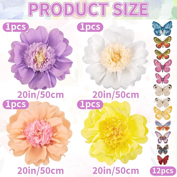SUNBEAUTY Pastel Paper Flower Butterfly Decorations 20'' Giant Crepe Flowers Large Tissue Paper Flowers Decorations 3D Paper Butterfly for Wall Birthday Spring Wedding Backdrop Bridal Shower Classroom