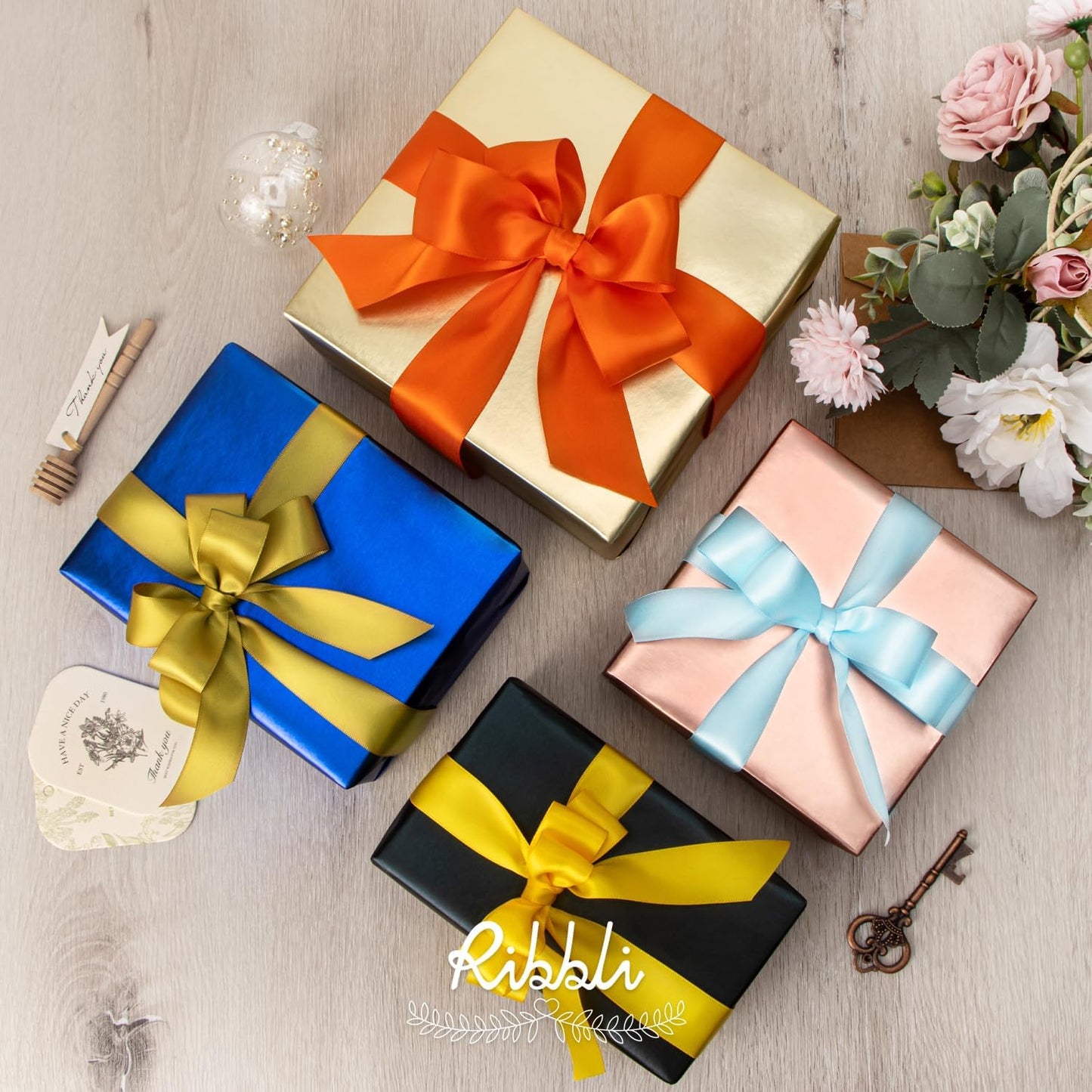 Ribbli Gold Double Faced Satin Ribbon,1-1/2” x Continuous 25 Yards,Use for Bows Bouquet,Gift Wrapping,Wedding Decoration