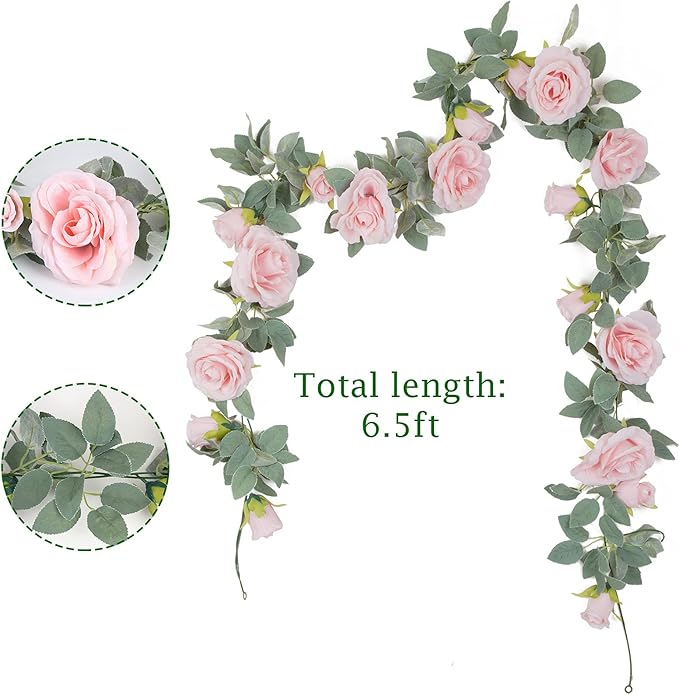 TELDRASSIL 4Pcs(26 FT) Artificial Rose Vine Fake Flower Garland Fake Silk Rose Hanging Vine for Wedding Party Background Arch Garden Background Decoration (Pink)