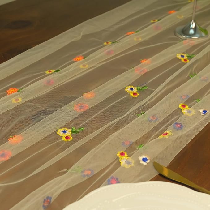 Set of 1 Flower Table Runner 10ft, 29 * 120 Inch Champagne Table Cloth Sheer Tulle Table Cover,Embroidery Daisy Table Runner for Wedding Party Baby Shower Birthday Home Decor