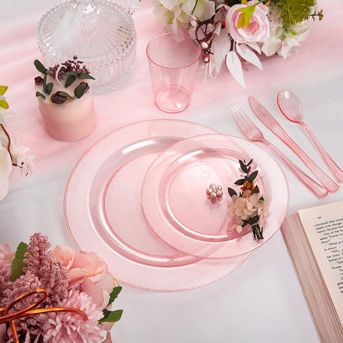 DaYammi 150PCS Pink Plastic Plates,Mother's Day Disposable Pink Dinnerware Set Clear pink Party plates with Silver Glitter Design Include 25 Dinner plates,25 Cake Plate,75 Cutlery,25 Cup for Party