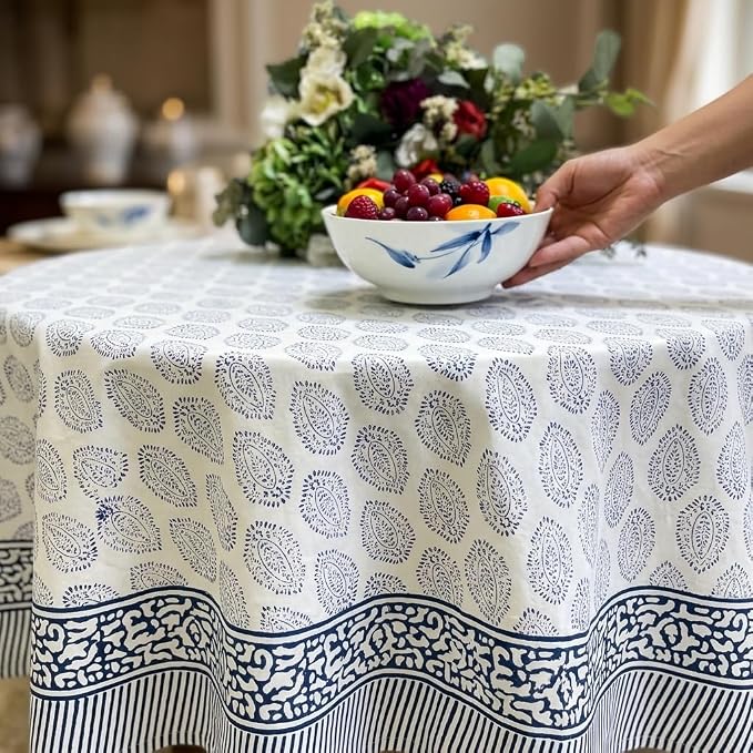 ATOSII Amalfi 100% Cotton Round Tablecloth, Handblock Print Floral Table Cloth for Kitchen Dining Linen I Parties, Weddings, Outdoors, Spring Summer I 72" Inches Round
