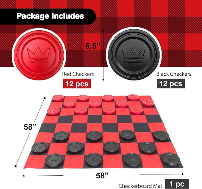 Grip Kids Jumbo Checkers Set with Storage Bag - 58 inch mat - Outdoor & Indoor Play Toys, Backyard Board Games, Family Party, Birthday for Toddlers Ages 5 6 7 8 Year Old - Amazon Exclusive
