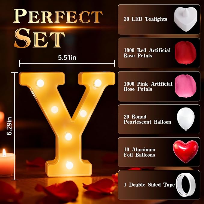 Happy Anniversary Decorations, I Love You Light up Letters Sign, with Rose Petals, Round Pearlescent Balloon, Aluminum Balloons, Table Decor for Wedding Romantic Party