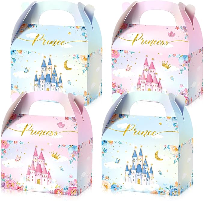 Nezyo Princess and Prince Treat Boxes - Pink & Blue Crown Cardboard Goodie Boxes for Birthday (36 Pcs,Prince and Princess)