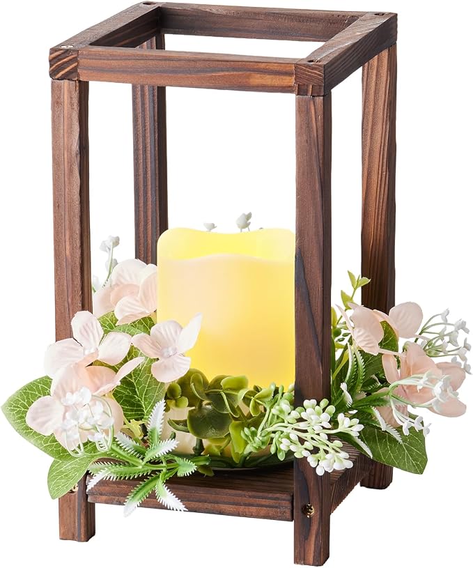 VEVOR 20 Set/60 Pcs Wooden Wedding Lantern Centerpiece, Includes 20 Wooden Lantern Candle Holder 20 Flameless LED Candle 20 Champagne Flower Wreath for Wedding Table Party Farmhouse Decor, Brown