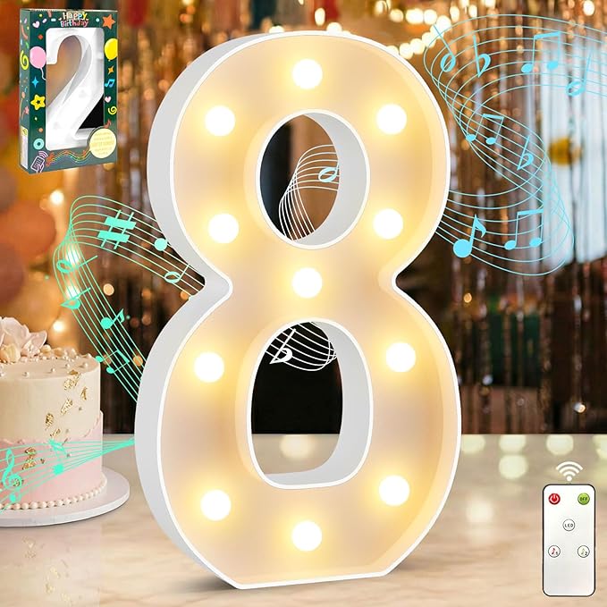 12.6 Inch LED Marquee Light Up Numbers with Happy Birthday Music, Remote Birthday Number Lights as Gifts for Girls Women Men, Lighted Marquee Numbers for Table Party Decorations, Number 8