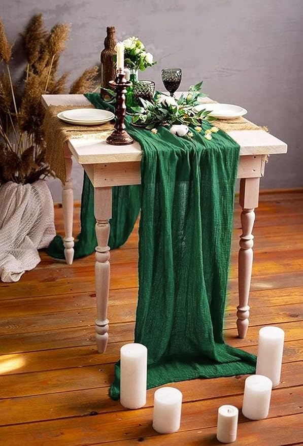24 Pack Dark Green Cheesecloth Table Runner, 10FT Long Romantic Sheer Cheesecloth Rustic Boho Table Runner for Wedding Baby Shower Birthday Bridal Party Decorations(Dark Green)