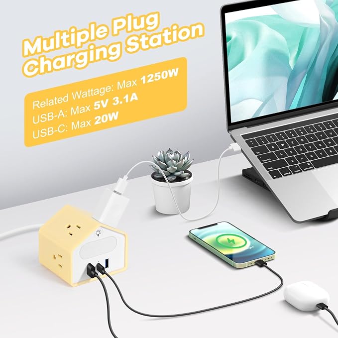 Handy Power Strip with Night Light - Yolk-Yellow Power StripOverload Protection Plug- 20W USB C Charging Station - 4 Outlets + 3 USB Ports for Desk, Nightstand, Couch, Makeup, Electronic Accessories