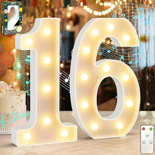 12.6 Inch LED Marquee Light Up Numbers 16 with Happy Birthday Music, Remote 16th Birthday Number Lights as Gifts for Girls Boys, Lighted Marquee Numbers for Table Party Decorations
