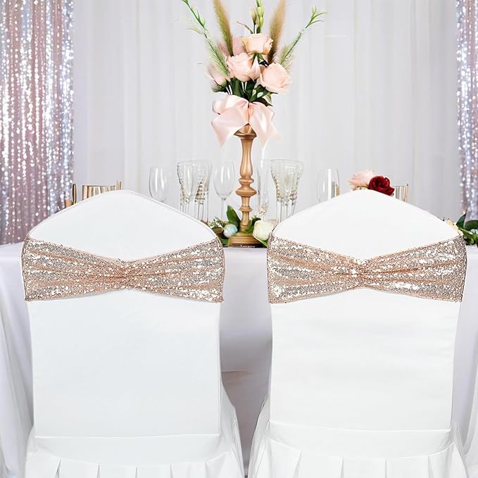 SquarePie Pack of 100 Chair Sashes Bands Rose Gold Stretch Spandex One-Sided Sequin Chair Bows Sashes for Wedding Party Fiesta Decor