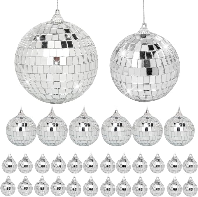 Mini Mirror Disco Ball Decor: 32 Pack Hanging Mirror Ball Ornaments Different Sizes - Small Disco Balls Decorations Bulk for Party Christmas Tree Cake Room Birthday (Silver)