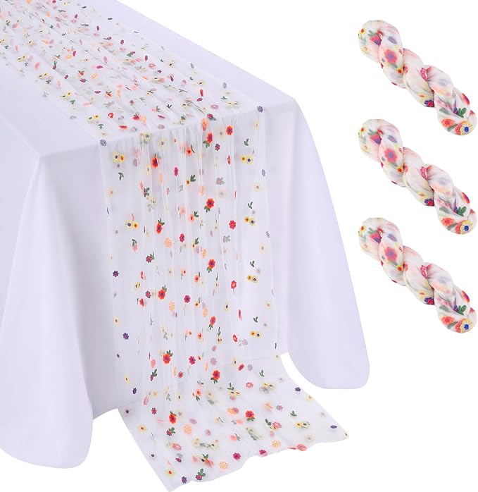 QueenDream White Gauze Table Runner with Embroidery Daisy Romantic Sheer Tulle Fabric 3 Pieces 120 Inch 10FT for Wedding Party Bridal Baby Shower