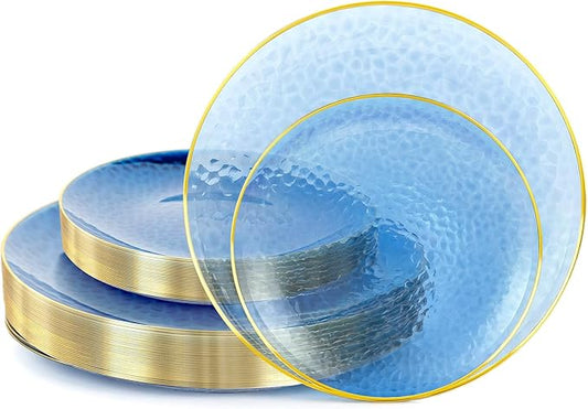 Lullaby 60Pcs Blue Gold Plastic Plates, Blue Disposable Plates With Gold Rim, Plastic Plates Include 30 Dessert Plate 10'', 30 Dinner Plate 7.5'' for Party, Birthdays and Wedding ﻿