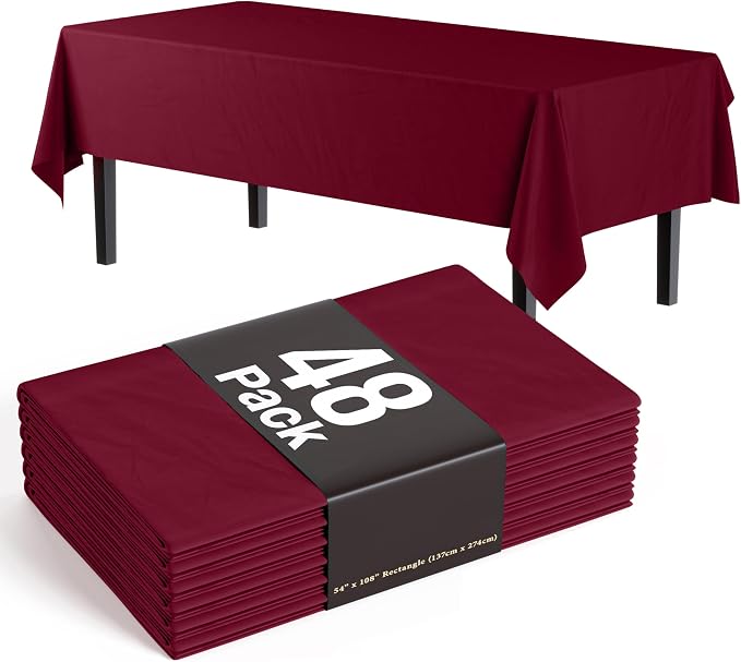 Exquisite Party Solids Burgundy Tablecloths for Rectangle Tables 48 Pack Plastic Table Cloth Disposable 54" X 108" Burgundy Table Cloths Rectangle Tablecloth Plastic Tablecloths Rectangular for Party