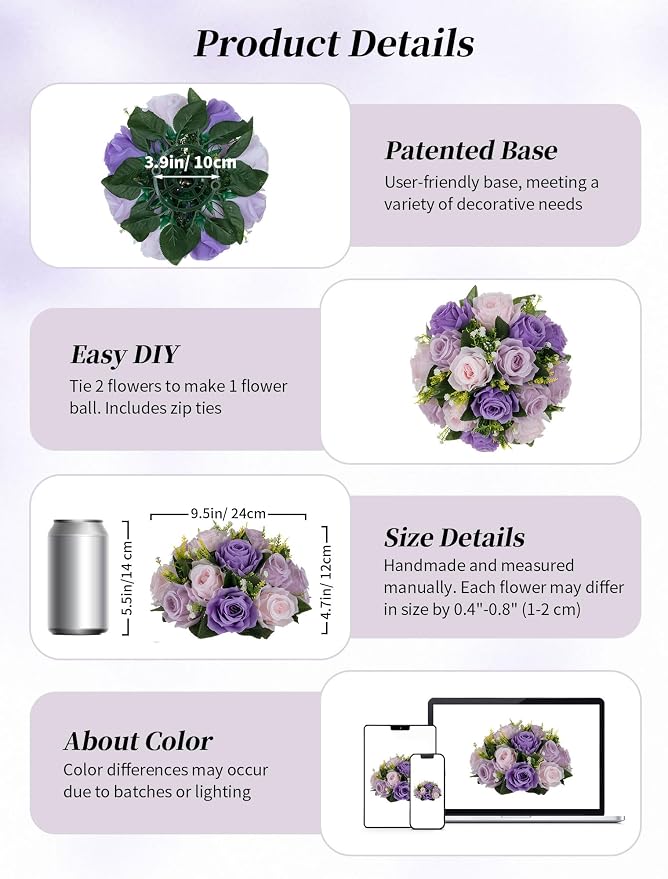 BLOSMON Purple Pink Fake Flowers: 2 Pcs Artificial Flower Balls Centerpiece | Faux Rose Floral Arrangement for Table Decorations - Faux Silk Bouquet with Base for Home Party Reception Decor