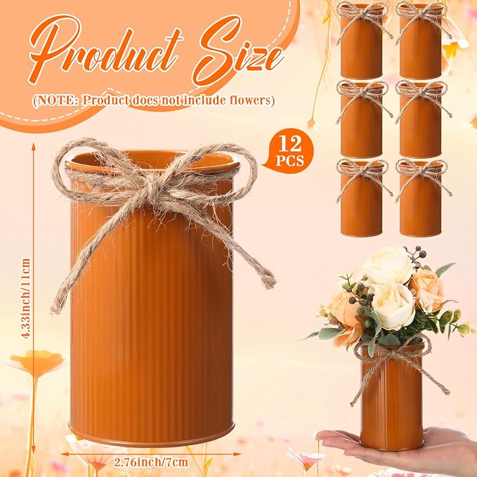 Rustic Vase for Table Centerpieces 4.33 Inch Small Petite Flower Vase with Twine Bow Vintage Farmhouse Decor for Wedding Reception Dining, Home Galvanized Metal Buckets(Dark Amber,12 Pcs)