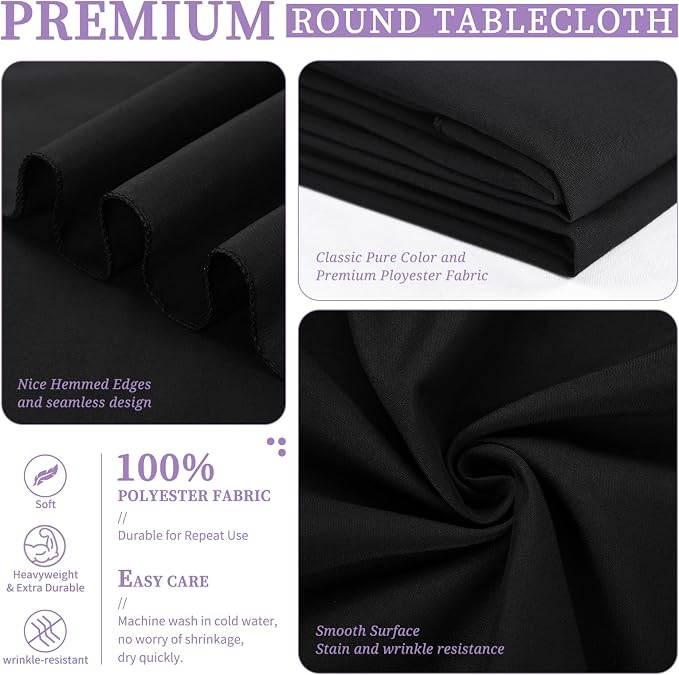 Showgeous 12 Pack Black Round Tablecloth - 120 Inch Polyester Table Cloth - Washable Decorative Fabric Table Covers for Wedding, Dining, Party, Banquet, Buffet